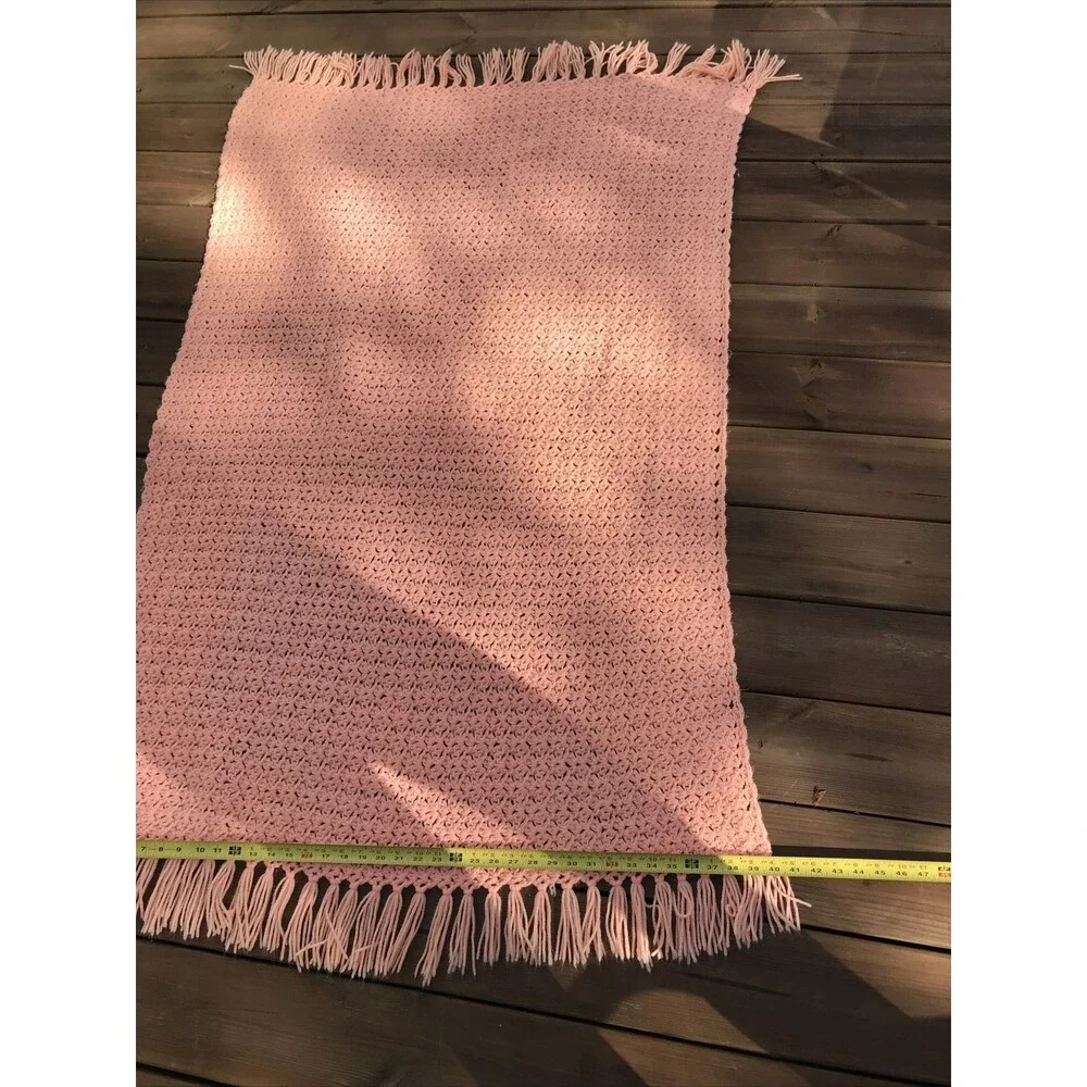 Vintage Handmade Crochet Blanket Afghan 40x63” Peach Fringe EUC